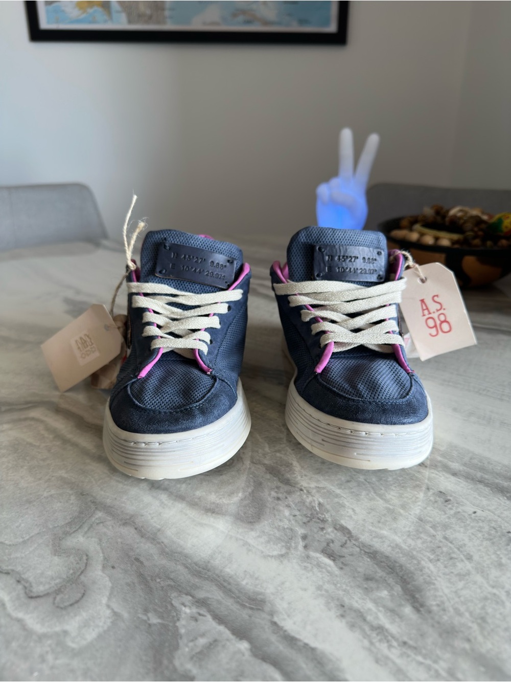 A.S.98 Alfie Blue Pink Perforated Leather Platform Sneakers - Picture 4 of 11